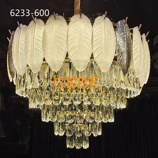 600 MM FEATHER GLASS CRYSTAL GOLD METAL LED CHANDELIER HANGING SUSPENSION LAMP