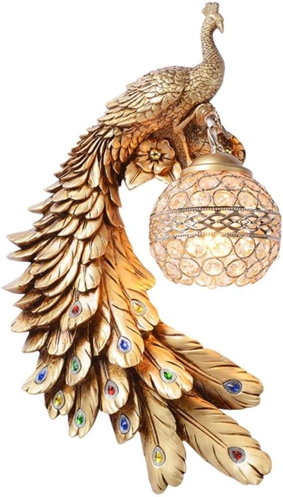 Peacock Resin Wall Mounted Led Night Lamp Antique Wall Light Lamp- Gold